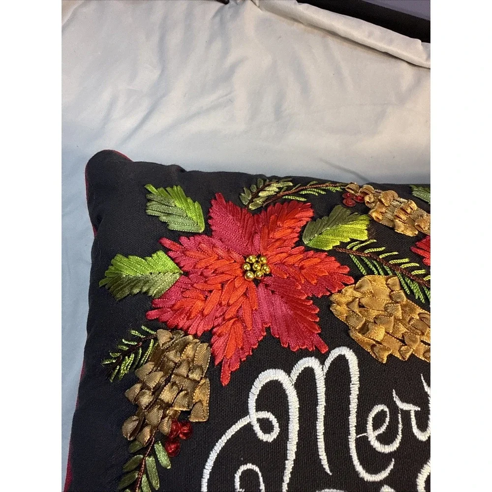 Embroidered Merry Christmas Poinsettia Throw Pillow Black Velvet Holiday Decor